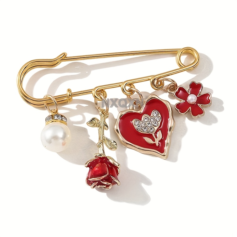 TEMU Broche tendance et de cœur de rose avec perles et ajouts en alliage, broche haut de gamme pour femmes, badge de vêtement fixe anti-exposition