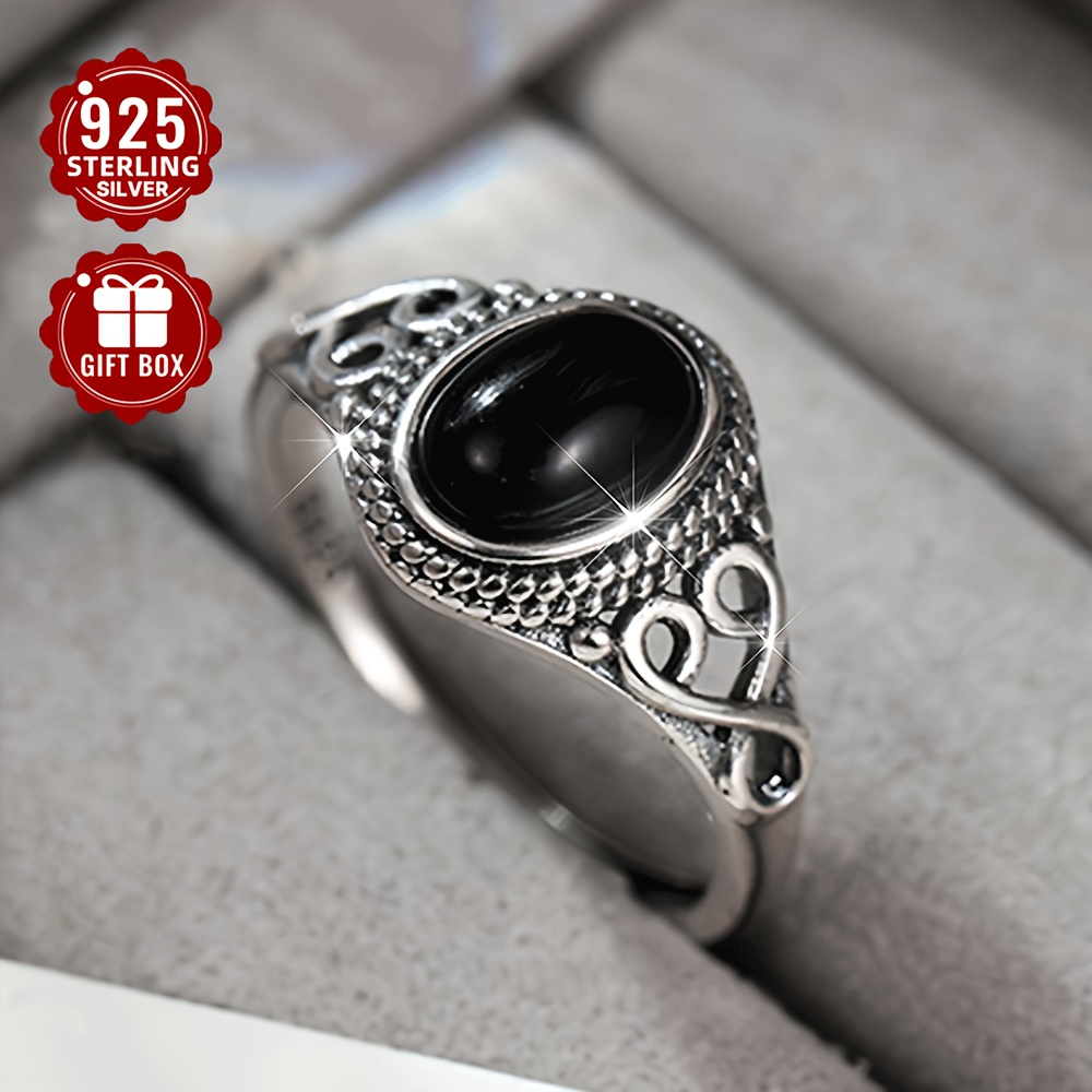 

(total Weight 1.76g) 1pc925 Sterling Silver Retro Personality Lace Round Black Onyx Ring Men's And Women's Fashion Open Rings Suitable For Banquet Gatherings