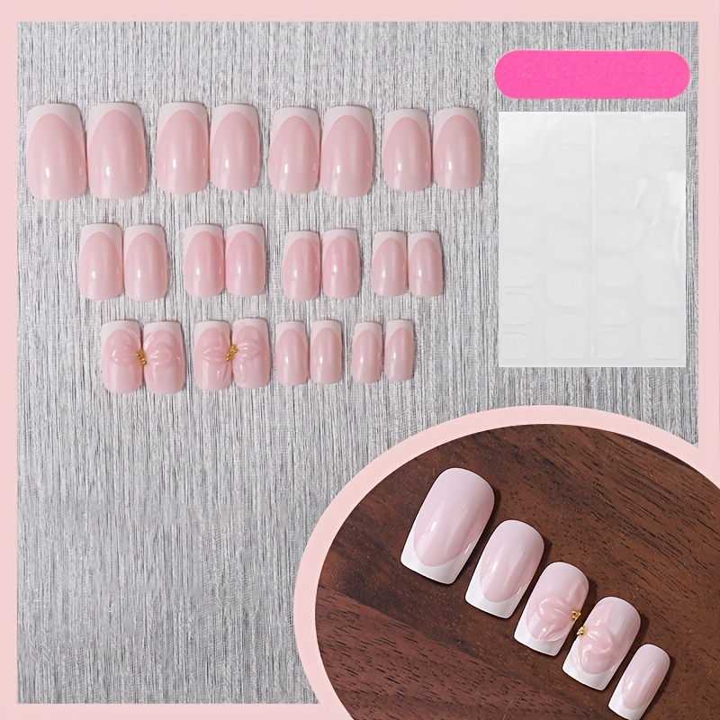TEMU 24pcs 3d Translucent Pink Floral Press-on Fake Nails, Includes 1 Sheet Of Jelly Glue And 1 Buffing Block. Very Sturdy, Enhances Your , Holiday