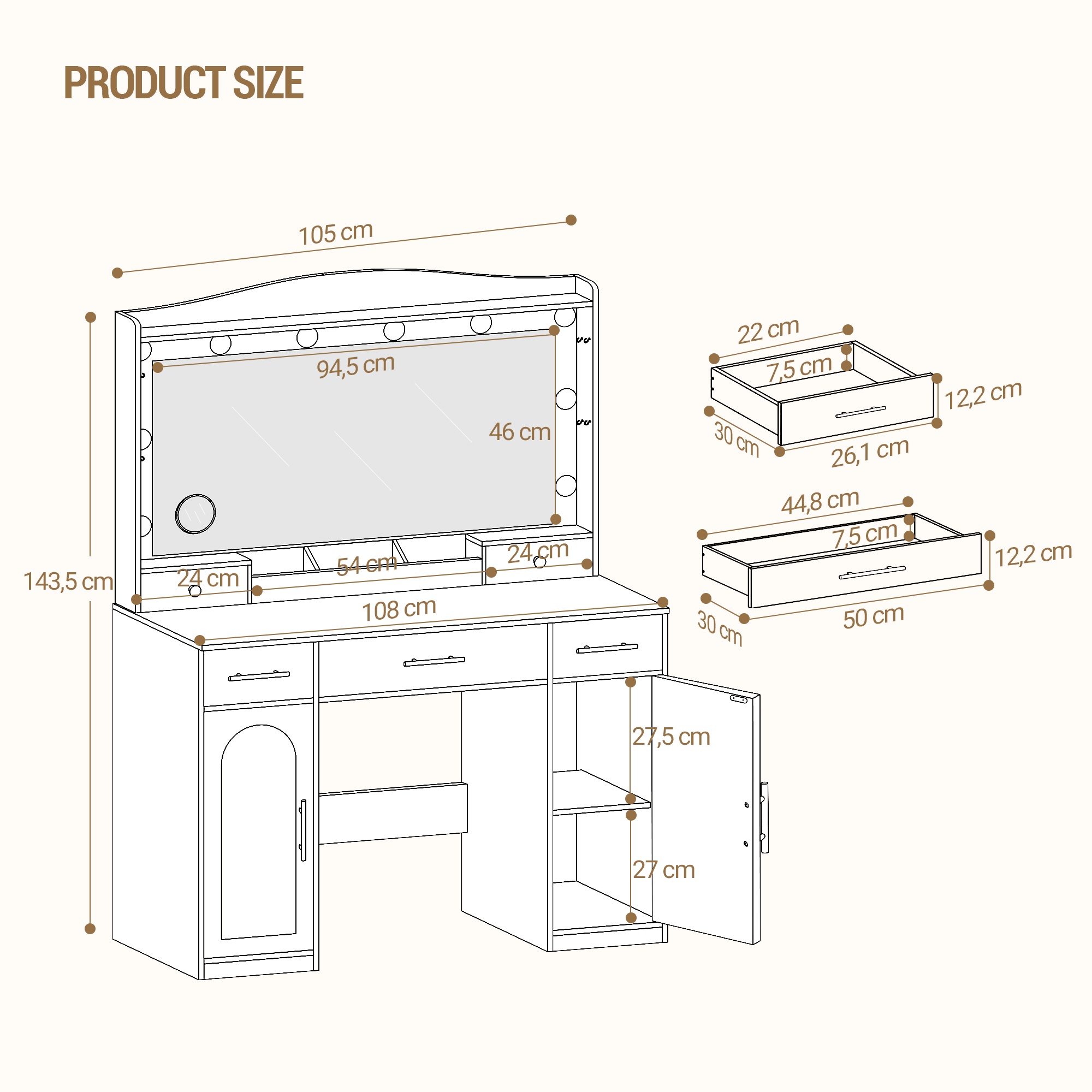 classic white dressing table with large hd   3 color adjustable led lights 5 drawers 2 open shelves 40x108x149cm plug powered european standard bedroom vanity desk dressing table for bedroom   wooden construction 6