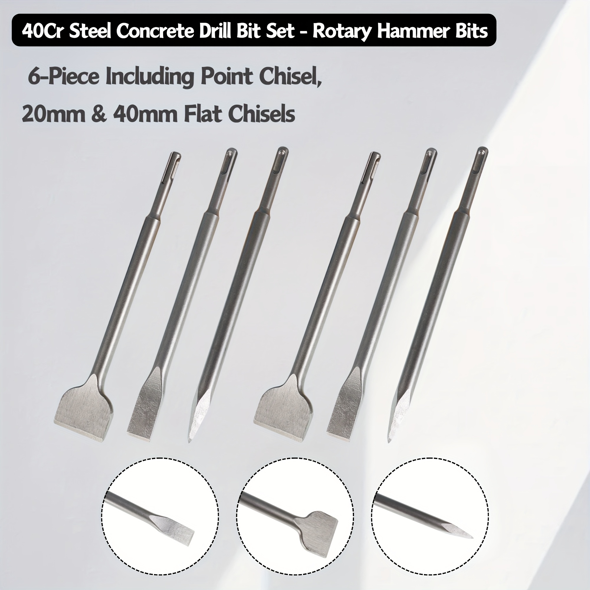 TEMU New 6pcs Sds Plus Chisel Set Including Point Chisel And 20mm 40mm Flat Chisel