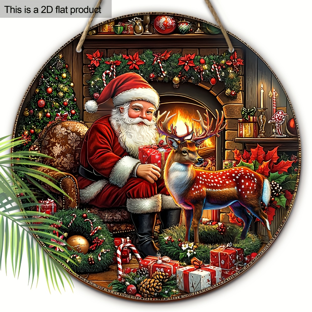 TEMU 2d Flat - A 2d -piece Christmas Wreath Featuring A Red Santa Claus, Deer, Retro-style Berries, And Poinsettias, Hanging On Your Porch Or