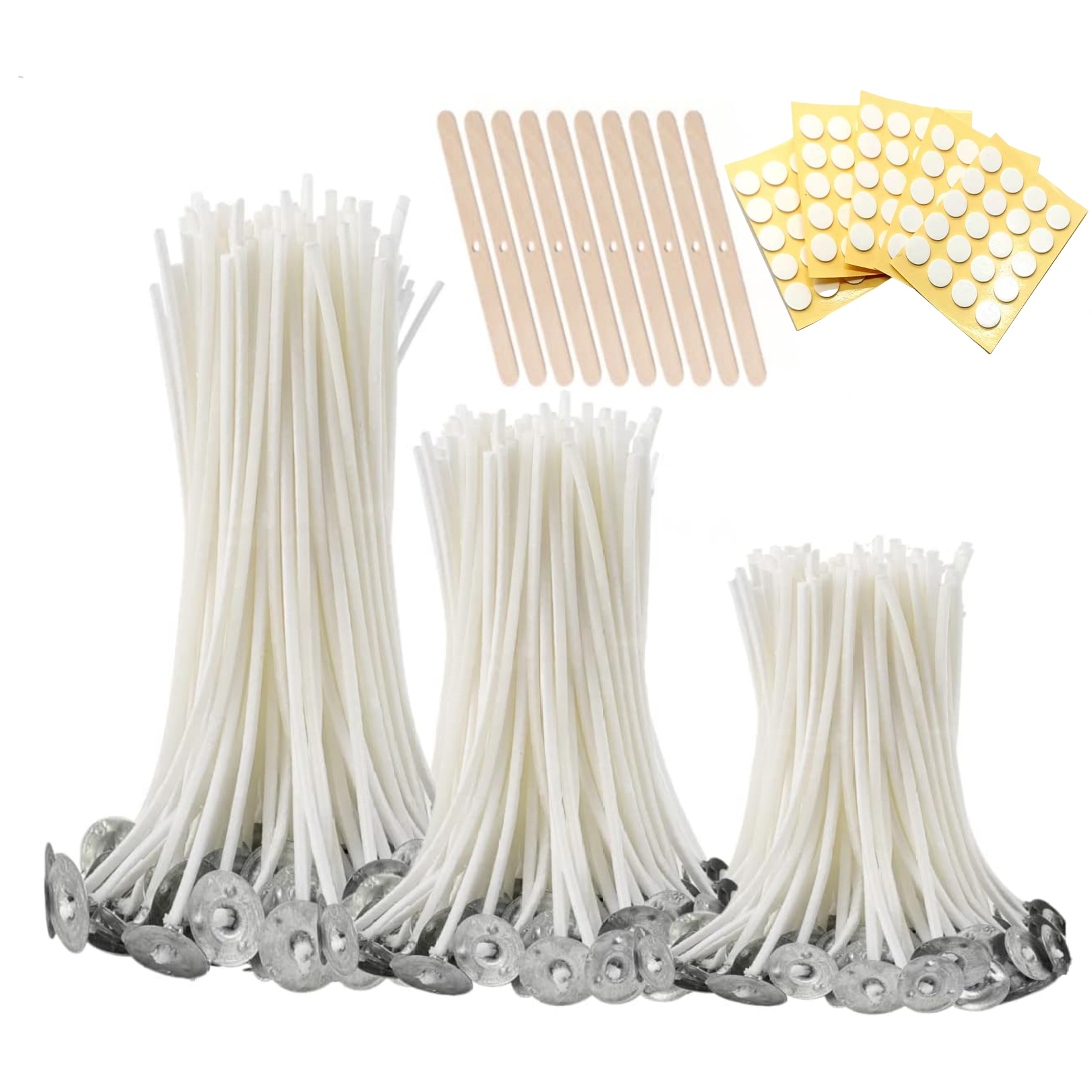 

300pcs Functional Smokeless Candle Wicks (9cm/3.5in X100, 15cm/6in X100, 20cm/8in X100), 5pcs Wicks Stickers, 10pcs Wooden Candle Wicks Holder, For Making Pillar Candles And Candle Diy