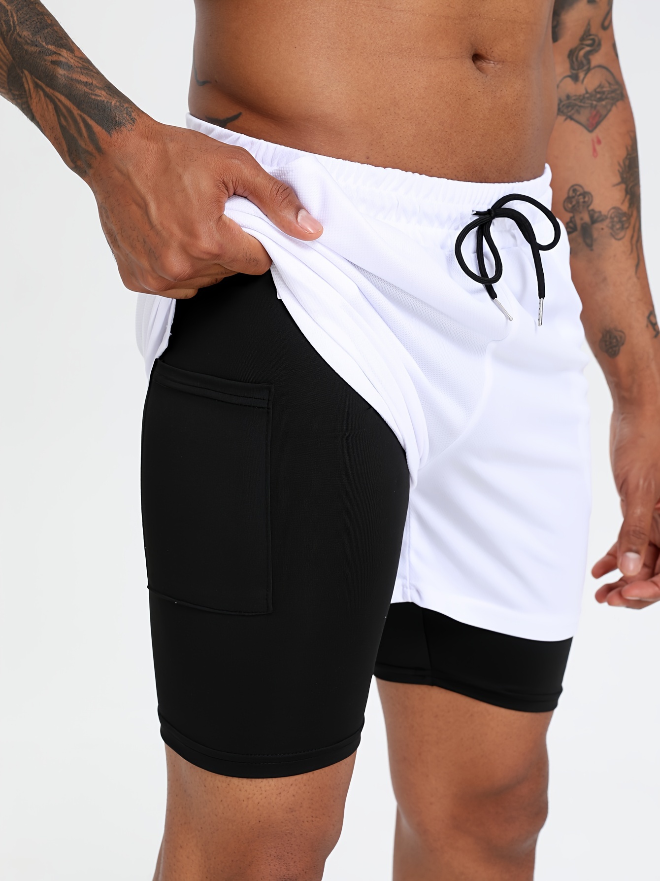 Men's Two Layers Shorts Pockets Active High Stretch - Temu