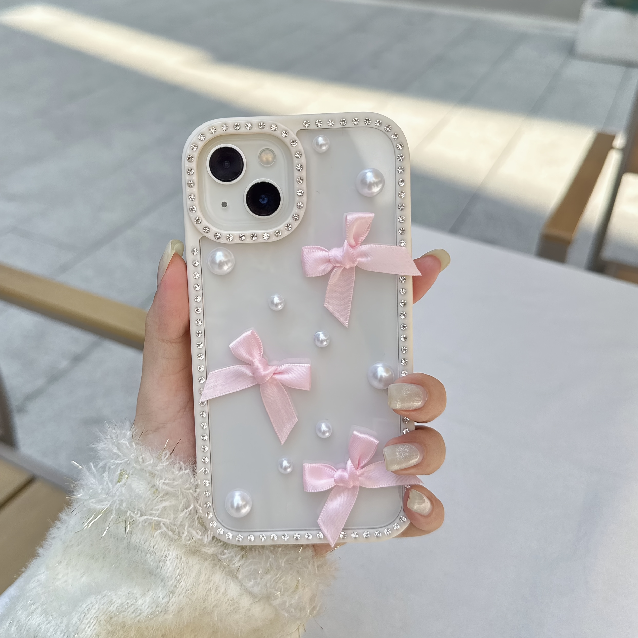 TEMU Phone Case: Simple Rhinestone- Three-dimensional Pearl Bow Phone Case, Suitable For Iphone 16 Pro Max