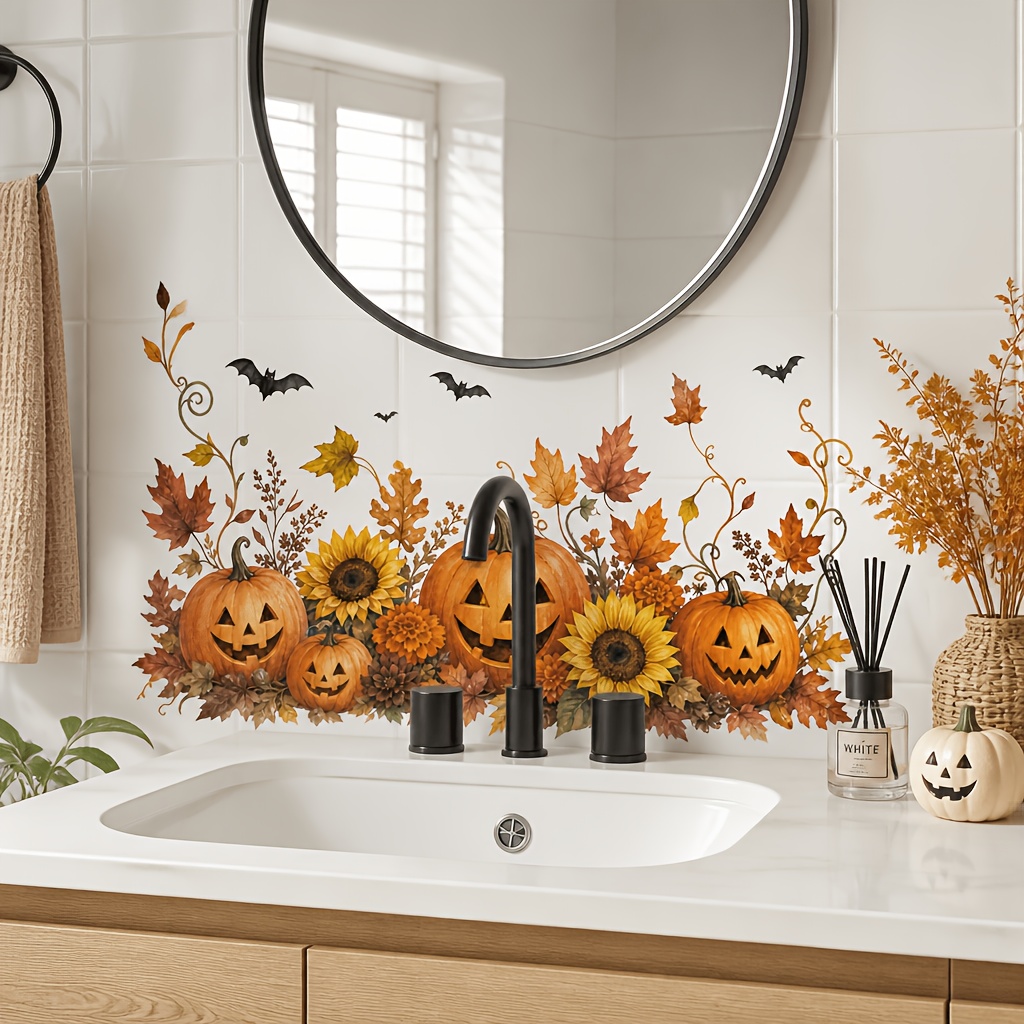TEMU 1pc Halloween Pumpkin Sunflower Autumn Leaves Horizontal Self-adhesive Wall Sticker, Pvc Waterproof Removable Bathroom Wall Decal, Suitable For