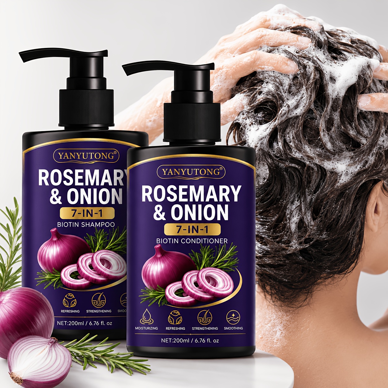TEMU 2pcs 7-in-1 Rosemary Onion Biotin Shampoo And Conditioner Set, 200ml Each, Thin Thicker, Gently Cleanses The Scalp, Reduce , Frizz And , Leaves