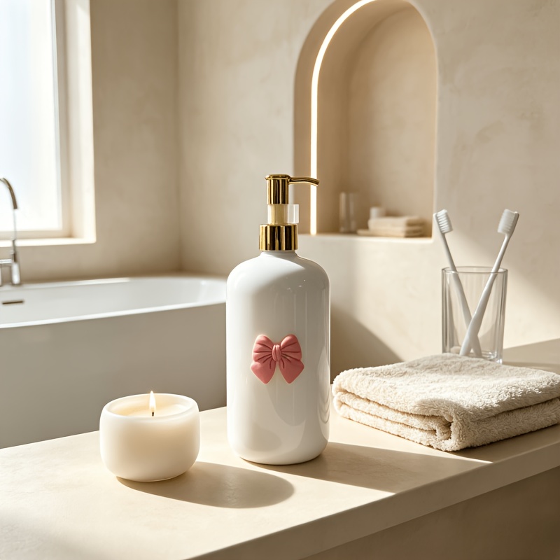 TEMU Bouteille à pompe rechargeable de 500 ml en plastique avec nœud décoratif pour distributeur de shampoing, gel douche et lotion pour , adaptée