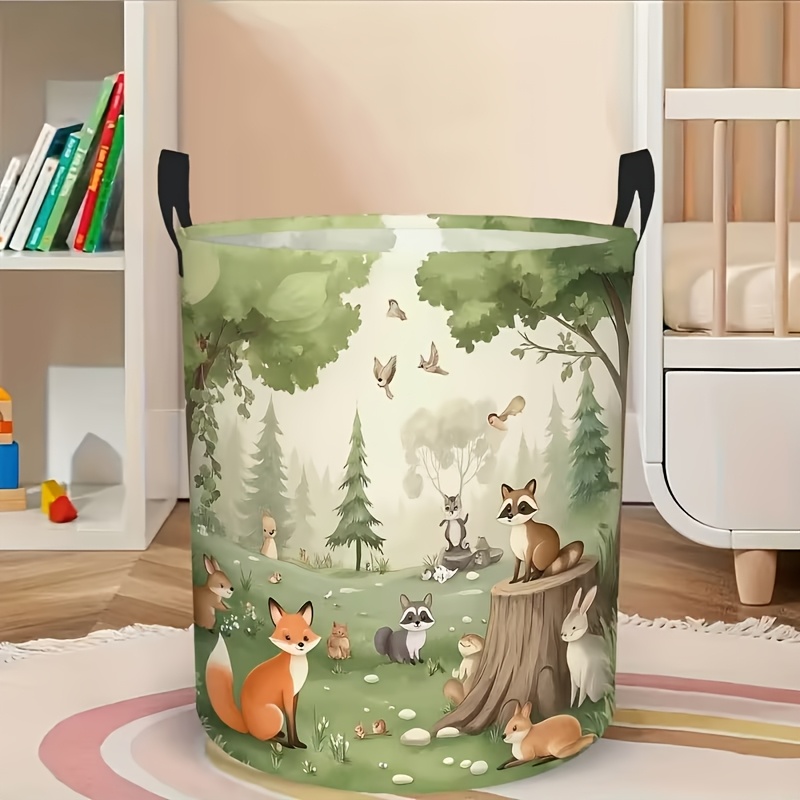 TEMU 1pc Watercolor Forest Fox Raccoon Rabbit Print Laundry Hamper, Woodland Wild Animal Foldable Storage Basket, Laundry Baskets