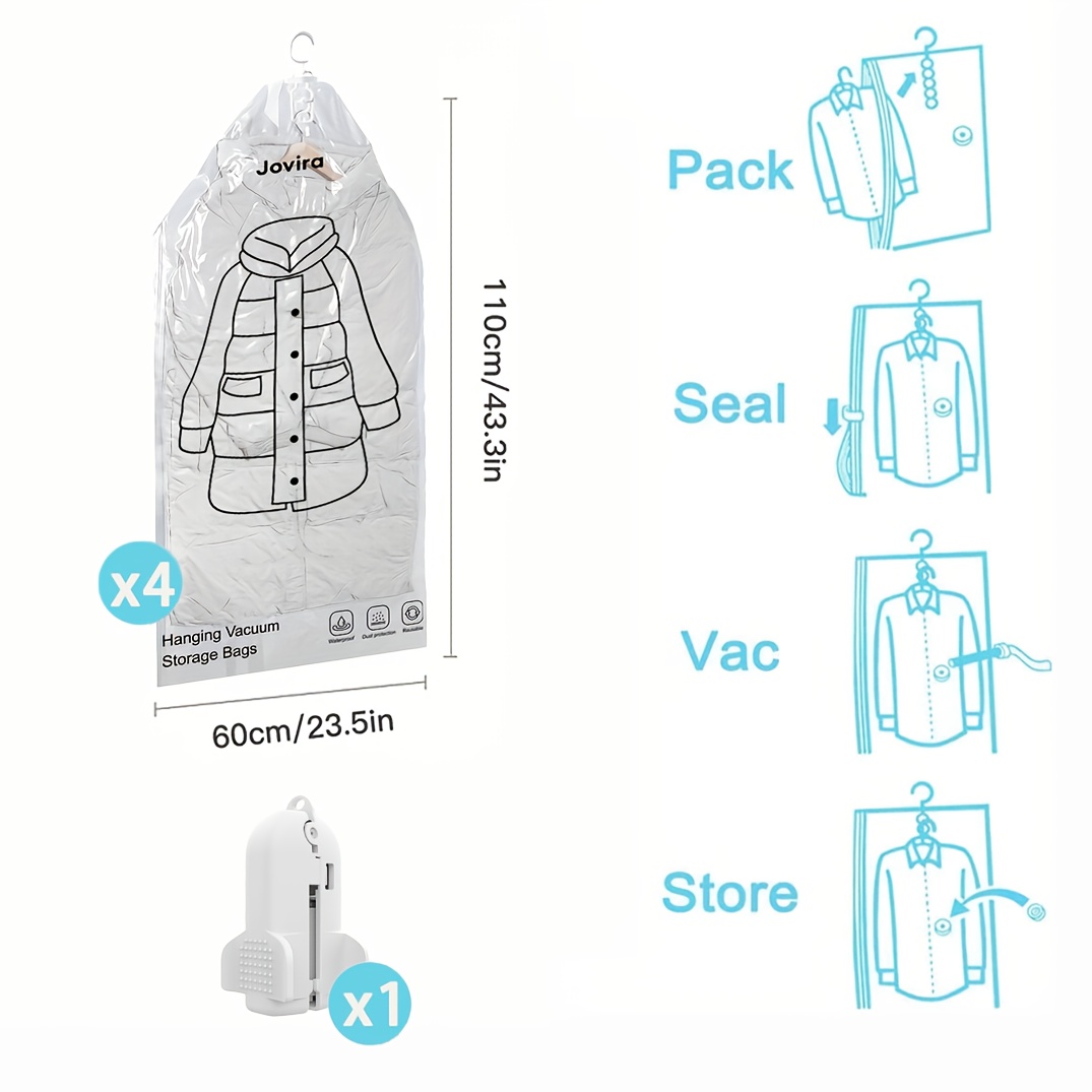 Image of 5pcs Set Includes 4 Hanging Vacuum Storage Bags And 1 Upgraded Universal Anti-slip . Vacuum Storage Bags Short, Long, And Extra-long Styles, With 3 Sizes From