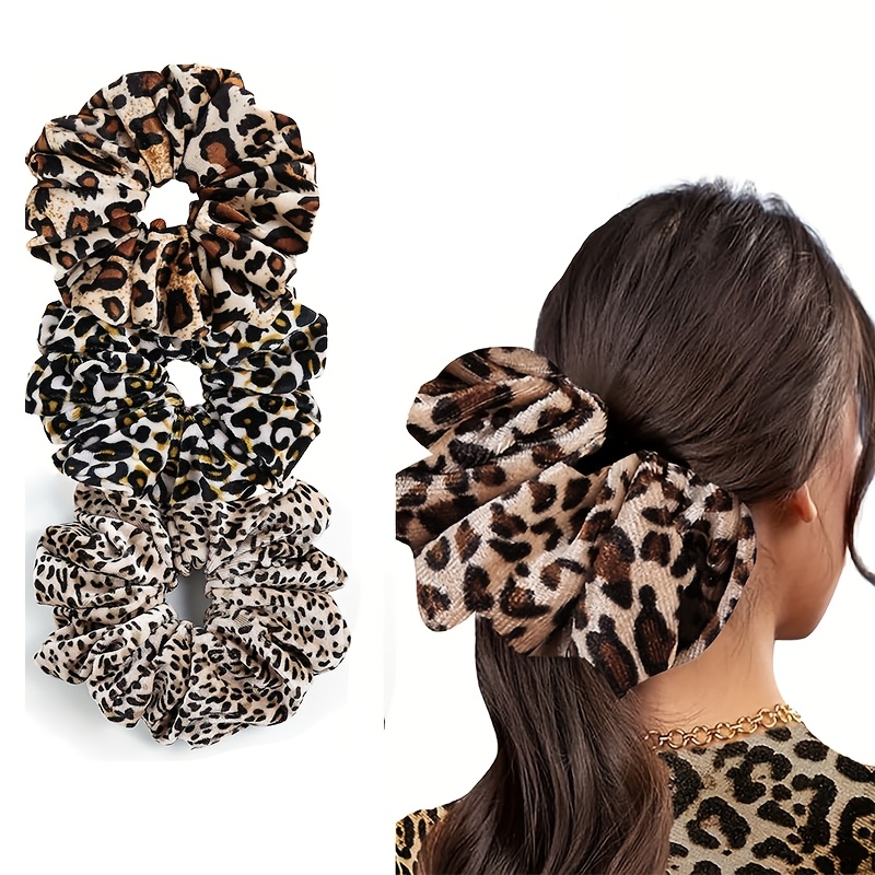 

3pcs Elegant Leopard Print Velvet Hair Ties - Large Size, Women's & Girls Hair Bands - Vintage Style Ponytail Holders, Christmas Hair Accessories Set