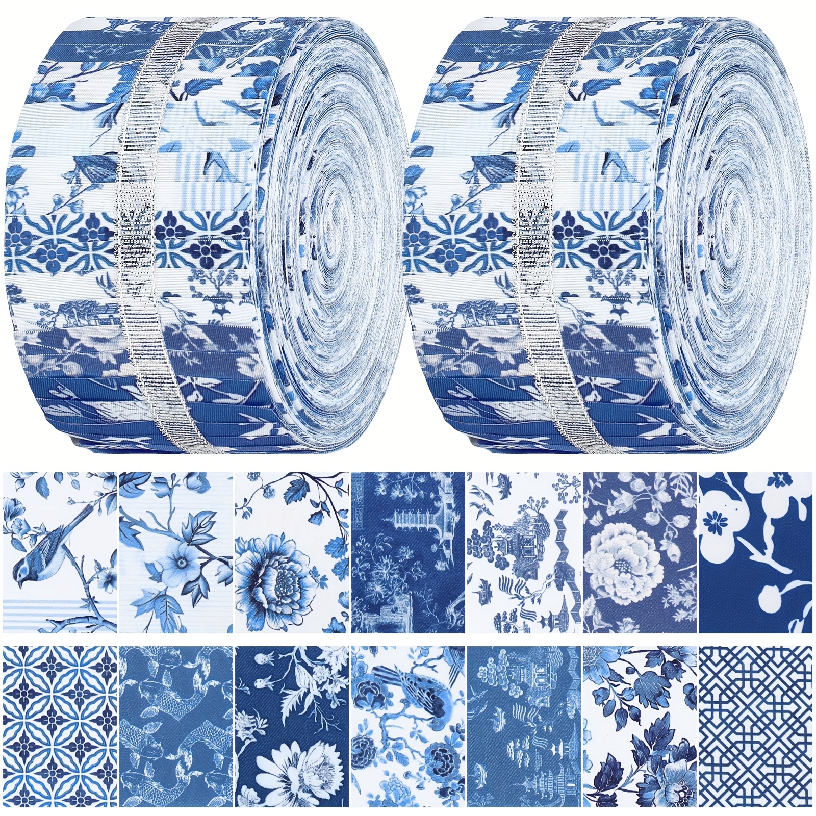 TEMU 40pcs Chinoiserie Fabric Blue And White Jelly Fabric For Quilting Roll Porcelain Floral Quilting Strips 2.55 Inch Precut For Craft Sewing