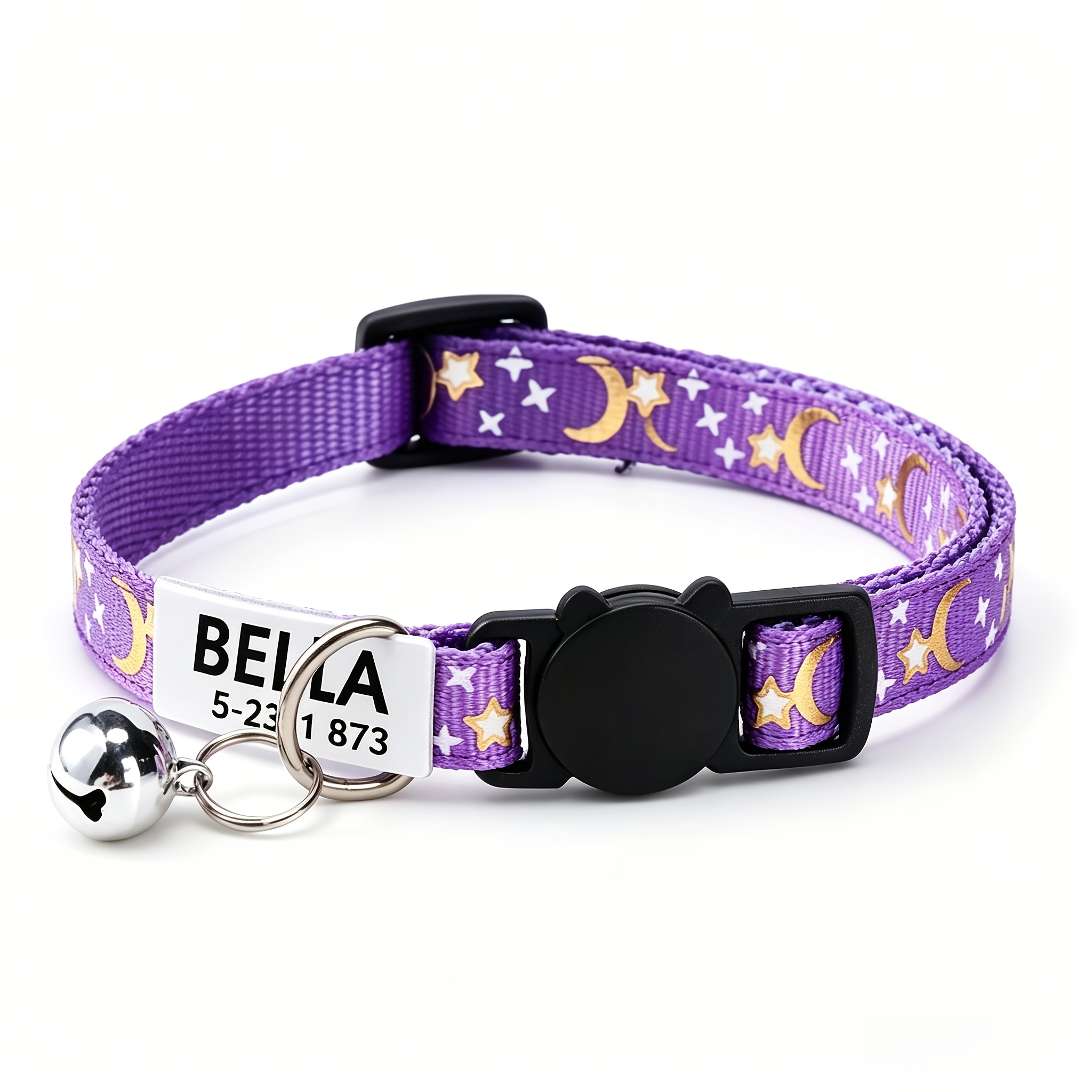 Personalized Cat Collar, Stars and Moon Design with Bell