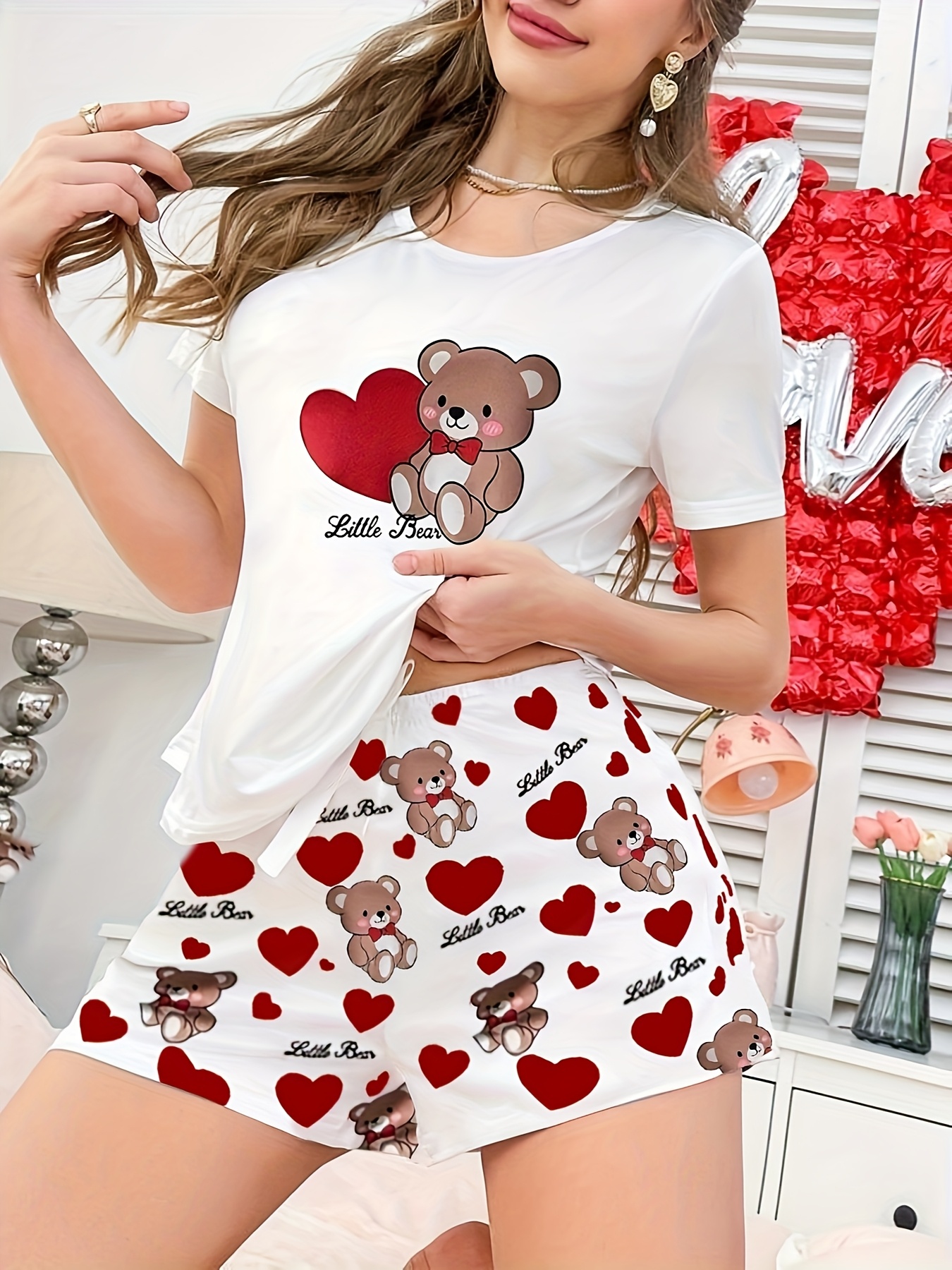 Conjunto de Pijama Primavera/Verano con Estampado de Oso y Corazón, Cuello Redondo y Manga Corta - Imagen 4