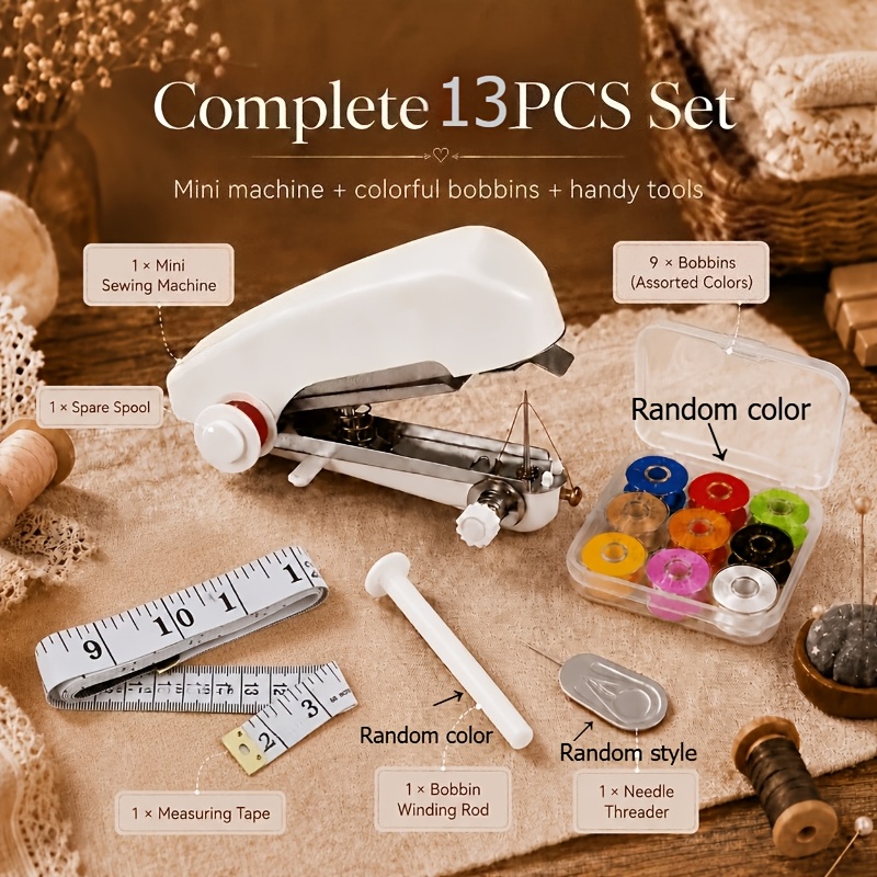 TEMU Mini Kit de Machine à Coudre Portable, Outil de Réparation à Pointe Rapide avec Boîte de Rangement de Fil de Couleur, Mètre Ruban de 150 cm, 3