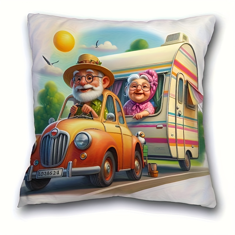 TEMU A Vintage Couple's Pillowcase Measuring 17.7x17.7 Inches - Featuring A Design Of And Campers, Single-sided Print, Zip Closure, Hand Wash Only -