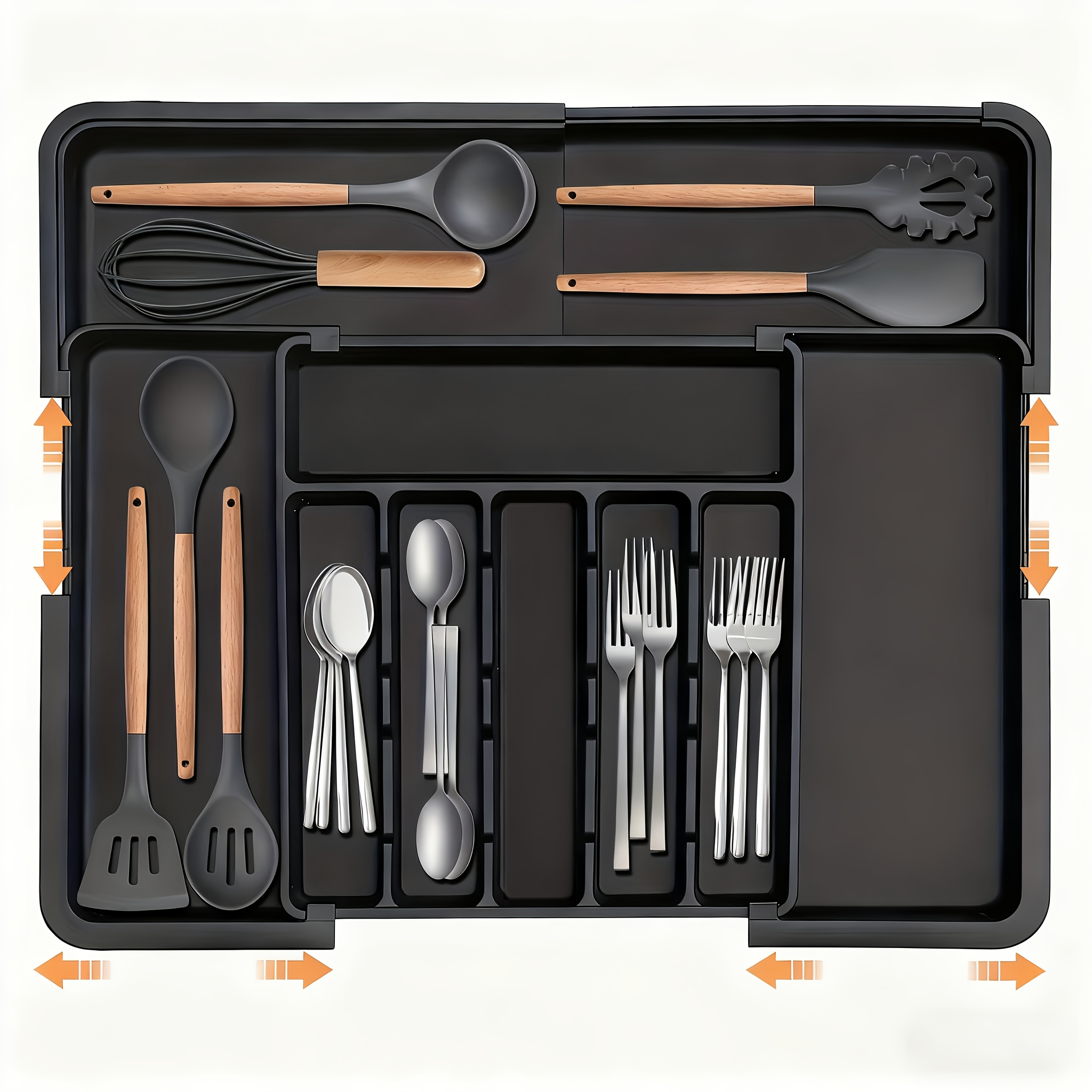 Cutlery Organizer - Adjustable Large Kitchen Drawer Organizer For Utensils Featuring 2 Detachable Cutting Tool Sections, 22" X 19" Cutlery Tray Drawer Dividers For Kitchen Flatware (6-9 Slots) (black)