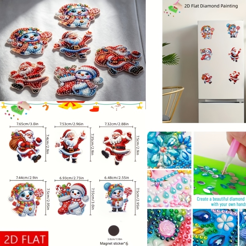 TEMU 6pcs Diy Christmas Acrylic Diamond Painting Magnets Suitable For, Fridge Magnets With Santa & Snowman Shapes, Irregular Shaped Diamond Tiles,