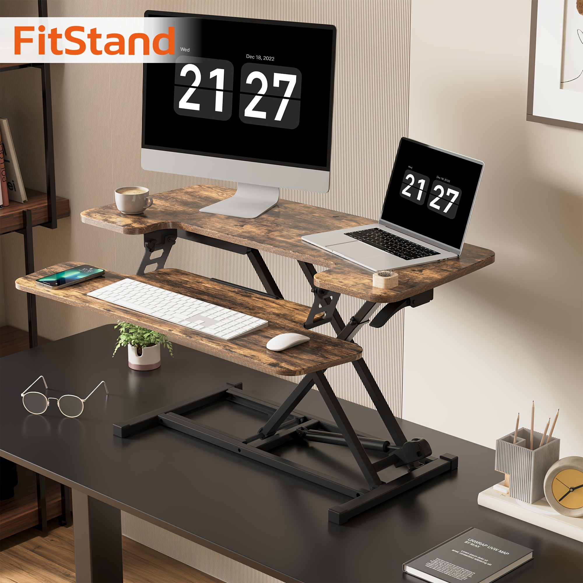 

Fitstand 1pc 32/35 Inch Smooth-height Stand Up Desk Converter For Home Office- Dual Monitor Workstation With Instant Sit To Stand Functionality - Spacious Tabletop For , Rustic