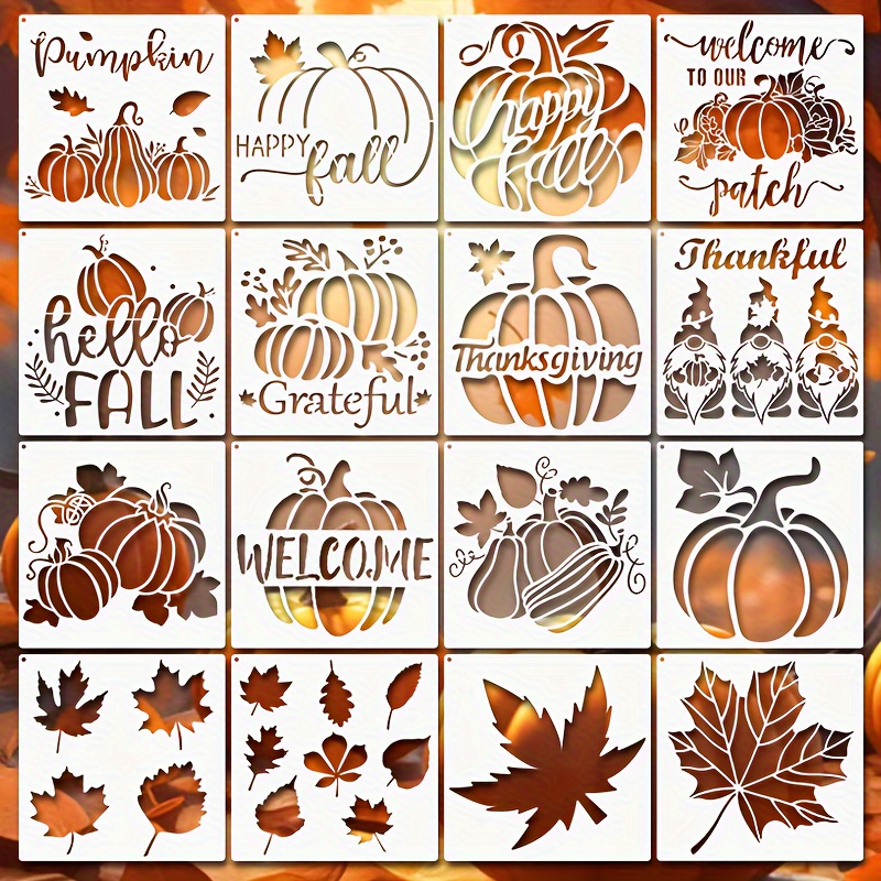 

16pcs Autumn Painting Stencils Set, Thanksgiving Pumpkin Templates, Reusable Plastic Drawing Stencils For Fall, , , Diy , For Wood, Canvas, Glass Home Spray Painting - Creamy White Silicone Templates