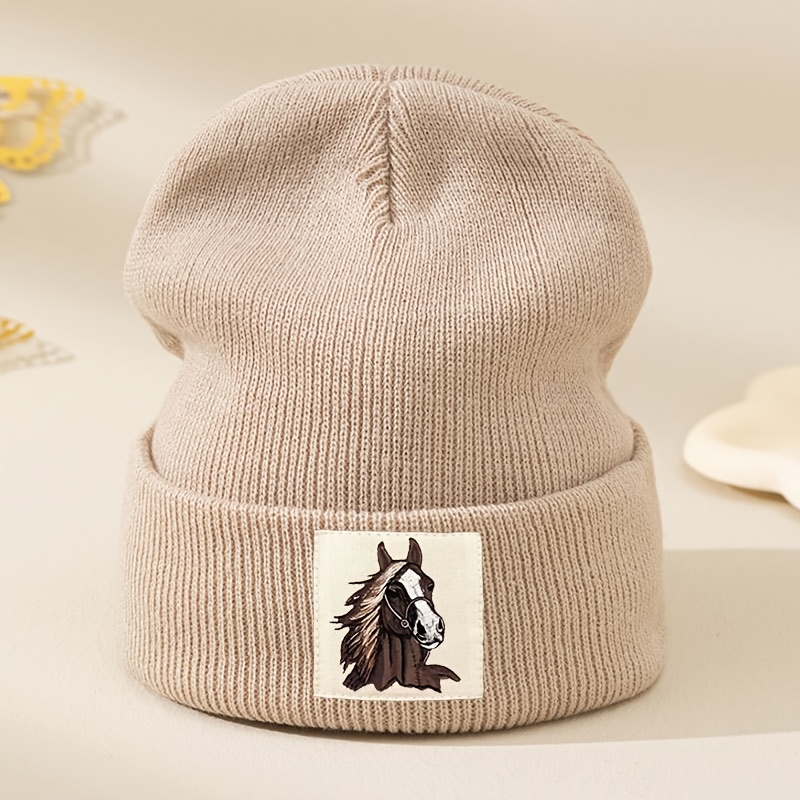 Image of Cartoon Horse Head Patch Print Women's Autumn/winter Hat, Double-layer Versatile Unisex Warm Beanie, Thickened Cold-proof Ear Protection Hat