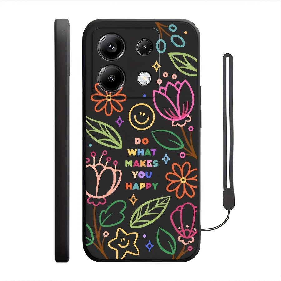 Etui za telefon - Črn etui za telefon z nasmejanim obrazom, ročno dizajn vrta za Redmi Note13Pro+/ 13C/ Note11/ Note10S/ Note12/ 12C/ Note11/
