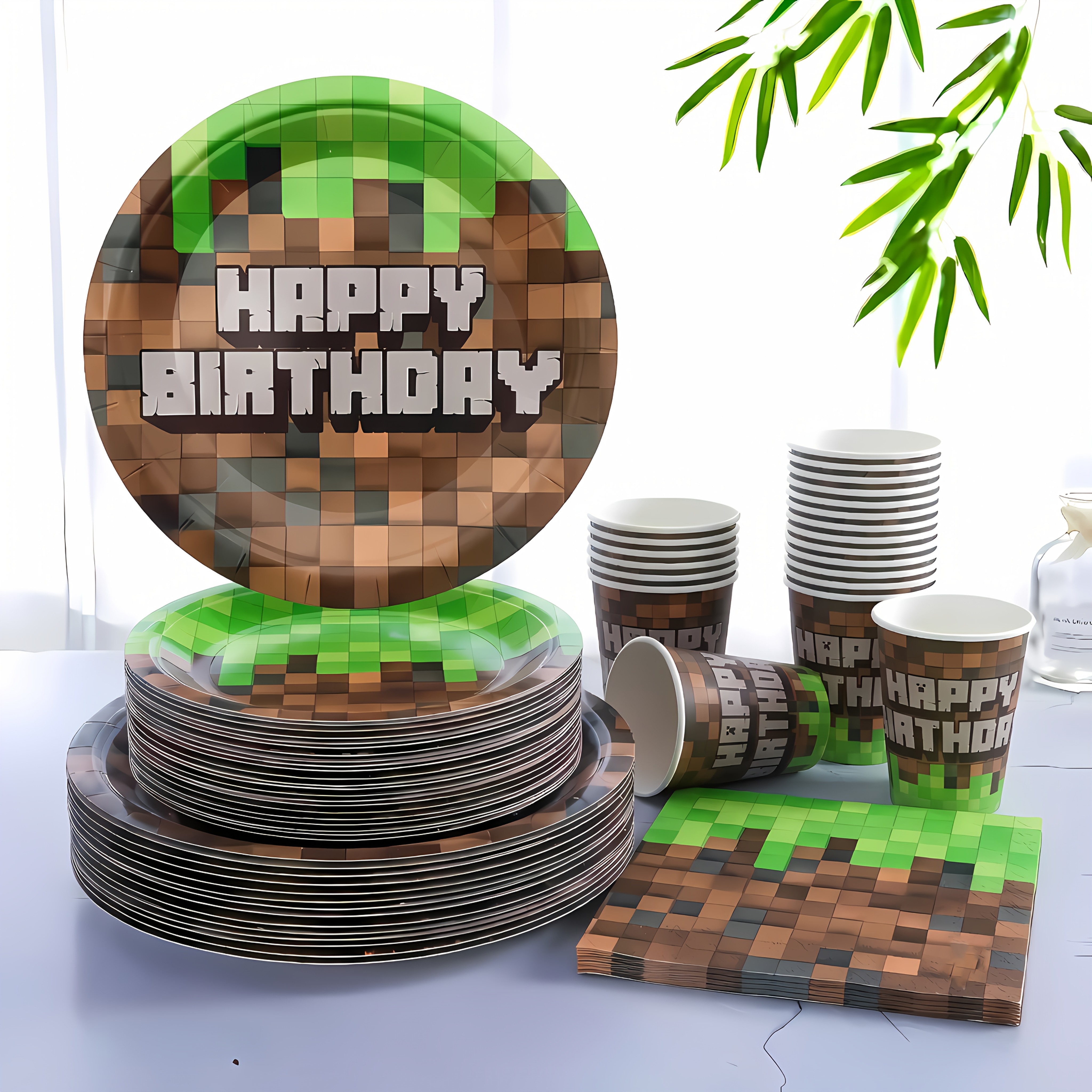 TEMU Ensemble de 80 assiettes et de vaisselle pour fête | de pixels verts THÈME ANNIVERSAIRE | Tasses en papier et serviettes incluses | Style de jeu