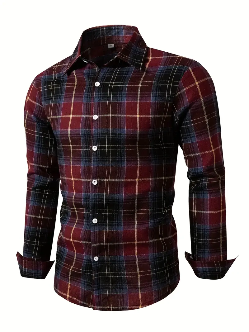 Red Men's Plaid Long Sleeve Button Up Shirt,