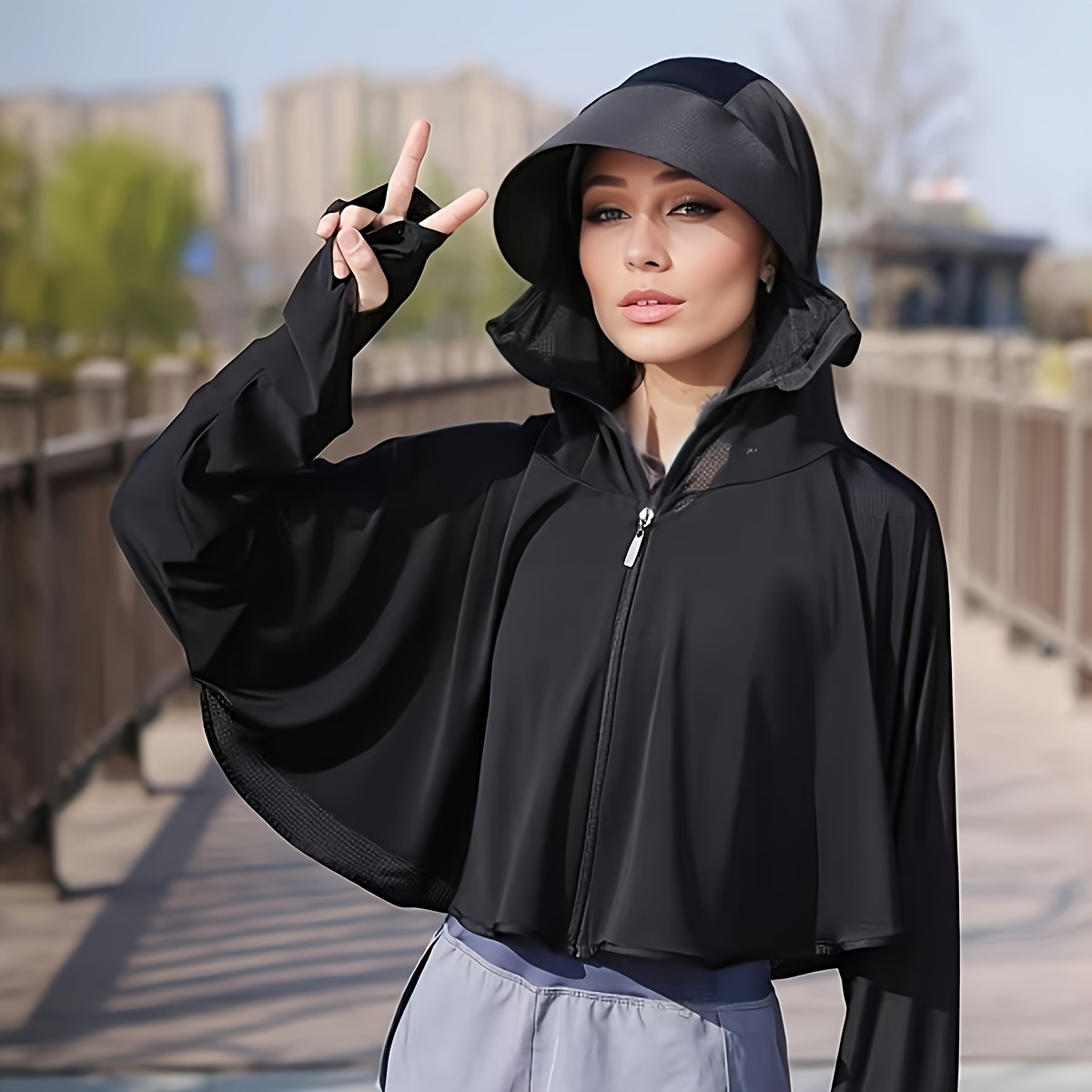 

Women's Summer Sun Protection Hooded Shawl, Sun Hat With Long Sleeve Ultra-thin Uv Blocking Coat, Versatile Outerwear For Cycling And Outdoor Activities