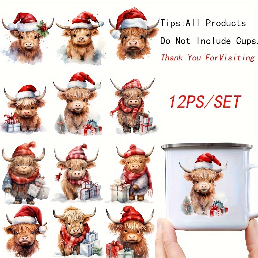 

12pcs Watercolor Christmas Highland Cow Diy Uv Transfer Stickers Set - Waterproof & Self-adhesive For Mugs, Bottles, Laptops, Skateboards & More - 3d Crystal Tile Designs