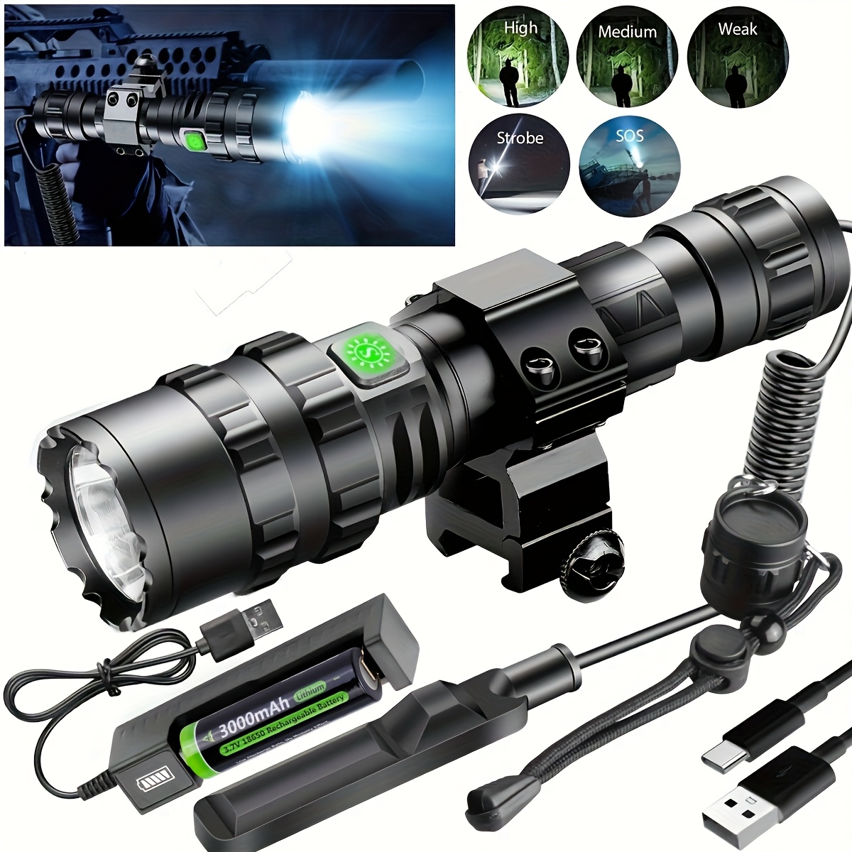 TEMU Led Flashlight, 5 Powerful Usb Rechargeable Torch Light With 18650 Battery And Charger For Camping (remote Pressure Switch Included)