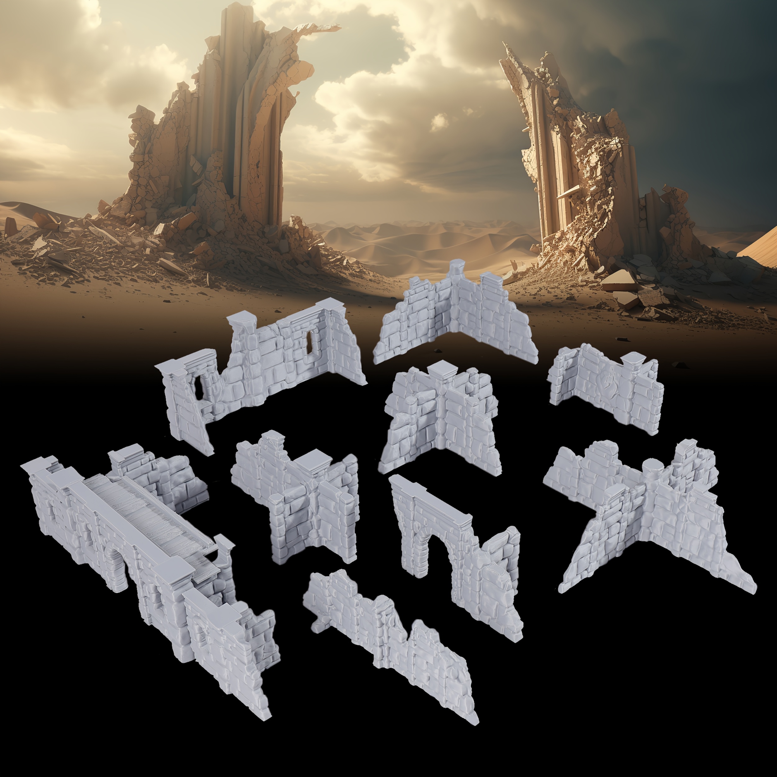 TEMU Stone Wall Building Miniature Model — Accessory For Rpgs And Wargames — Modular Tabletop Rpg Ruin Terrain Set