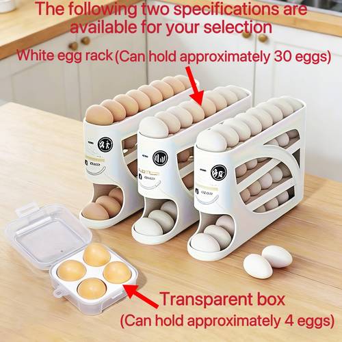 a elegir: un soporte para huevos de 4 niveles (capacidad para 30 huevos), ideal para almacenamiento en refrigerador y organización de cocina; y una de huevos transparente de 4 compartimentos (capacidad para 4 huevos), para y almacenar huevos.