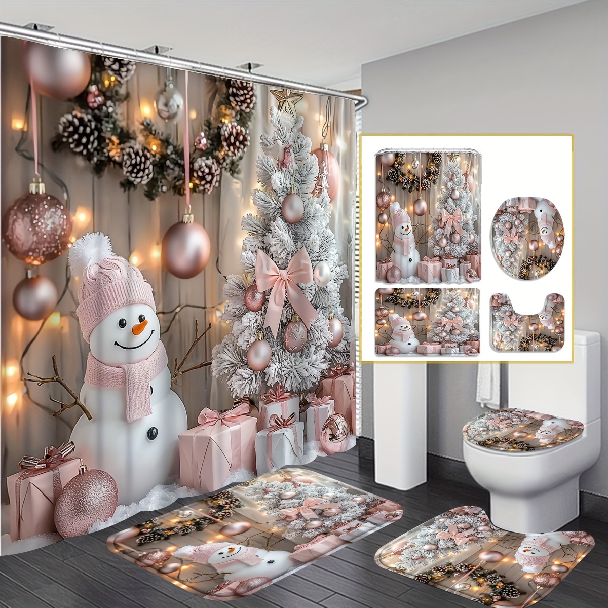 

1pc/4pcs Christmas Decorations, Christmas Pattern Shower Curtain, Shower Curtain 12 , Bathroom Rug, U-shaped Mat, Lid Mat, Bathroom Decoration, Bathroom Shower Curtain Set