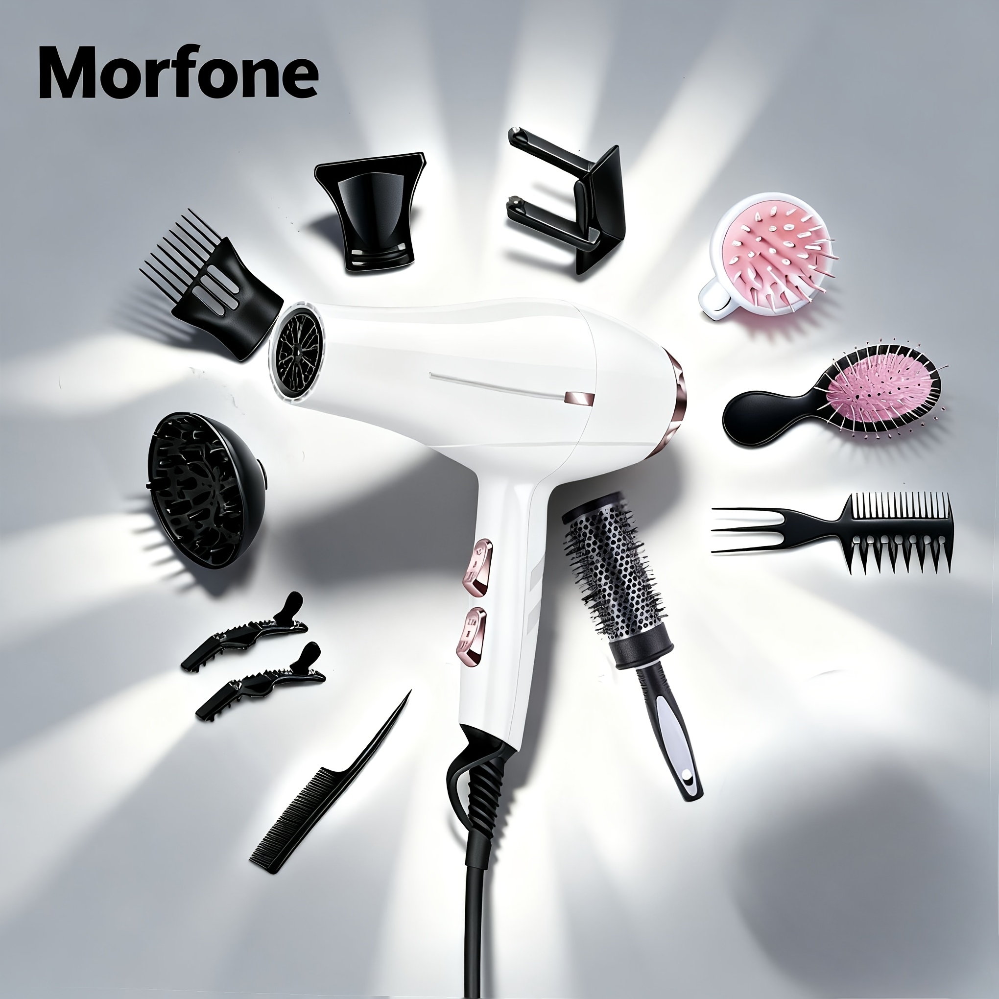 Image of Morfone Local Warehouse [] For Home White Hair Dryer 12pcs Set With Additions Like Comb, Curling Iron And Hair Dryer Nozzle, For Styling And Blow-drying Hair, Suitable For /birthday Gifts!