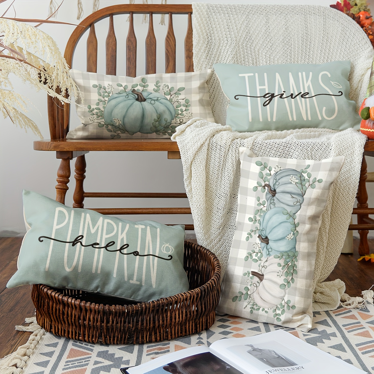 

Sm:)e Give Thanks Throw Pillow Covers Set Of 4, Fall Autumn Thanksgiving Eucalyptus Leaves Harvest Decoration For Home