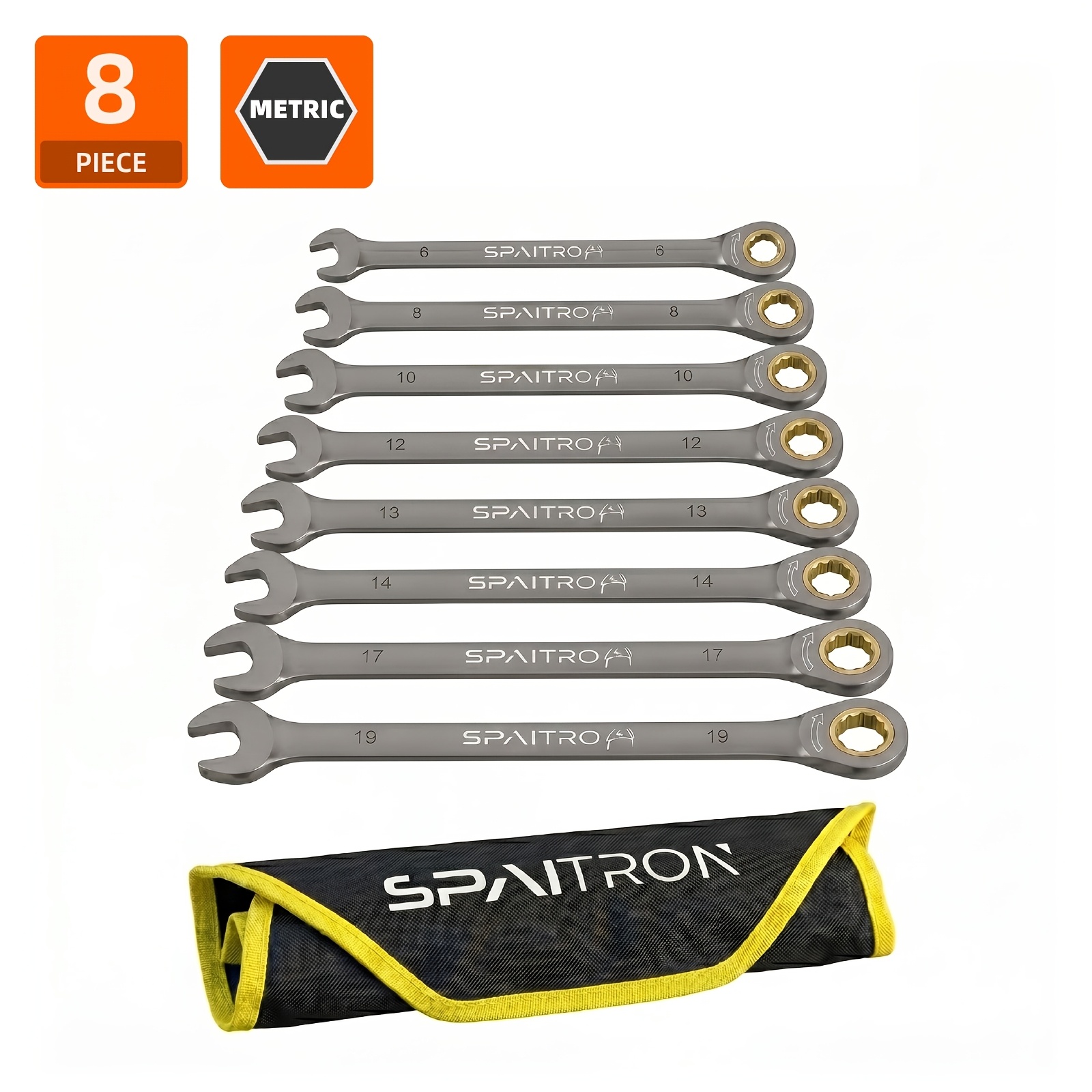 TEMU Jeu de 8 clés à cliquet métriques de qualité professionnelle SPAITRON, 72 dents épaissies -rouille 6-19 mm, outils métriques pour réparation