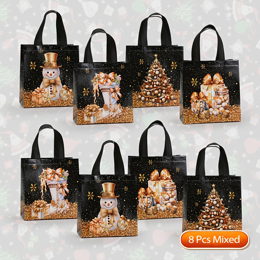 TEMU Gift For Her/him Carriecur Reusable Non-woven Tote Bags Suitable For Christmas Party, 4 Designs Snowman & Christmas Tree Print Gift Bags With