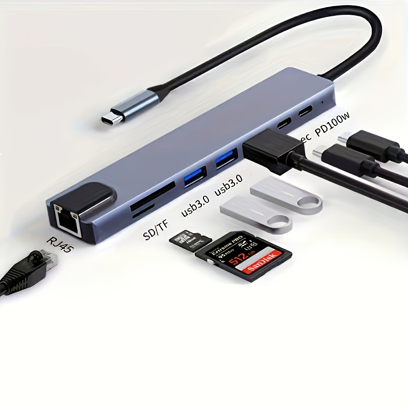 Usb-c With 8 Ports, Supporting 4k Hdtv Output, Featuring A 3937.01-inch Rj45 Port, Sd/tf Card Reader, And Fast Charger, Compatible With Macbook And Windows Laptops