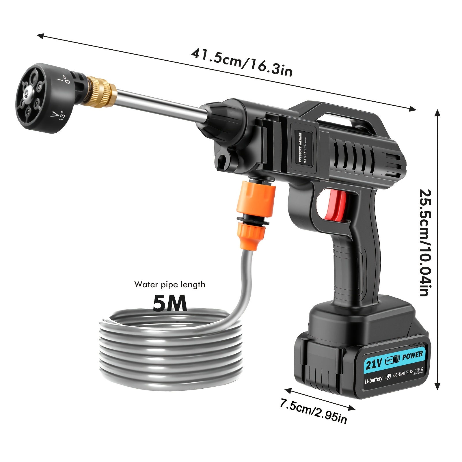 TEMU Pressure Washer, 21v 60b Ar/870psi Portable Pressure Washer With 2pcs Battery, 6-in-1 Adjustable Nozzle, 5m Hose Pressure Cleaner For