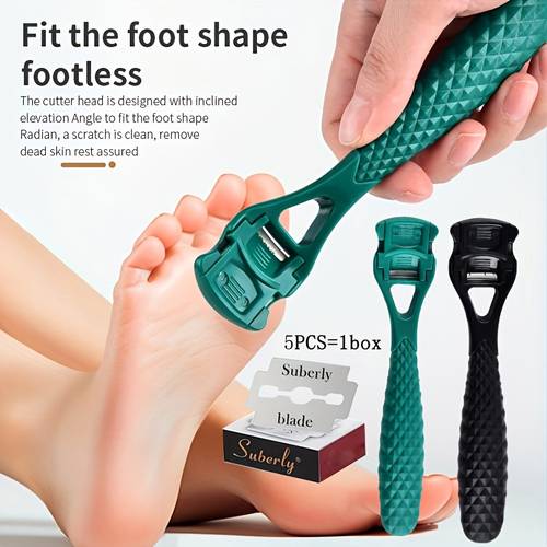 a scraper in and black along with 5 replacement designed for removing dead skin and this care tool features interchangeable parts including a scrubber skin cleaning tool for the feet