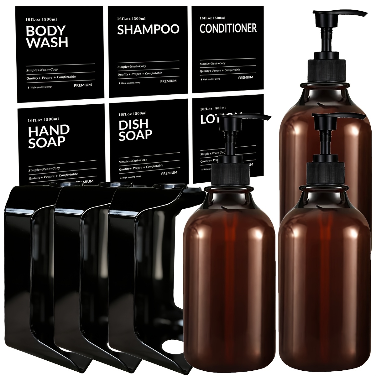 Set dozirnikov za šampon in , 3 , 500 ml (16.9Oz) stenski dozirnik za za prho brez vrtanja, ponovno napolnljiv organizator za kopalnico z