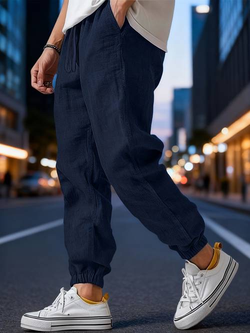 herren-leinenhosen, gewebte atmungsaktive leichte bündchenhosen, einfarbige casual mit kordelzug, ideal für den outdoor-sport im frühling sommer