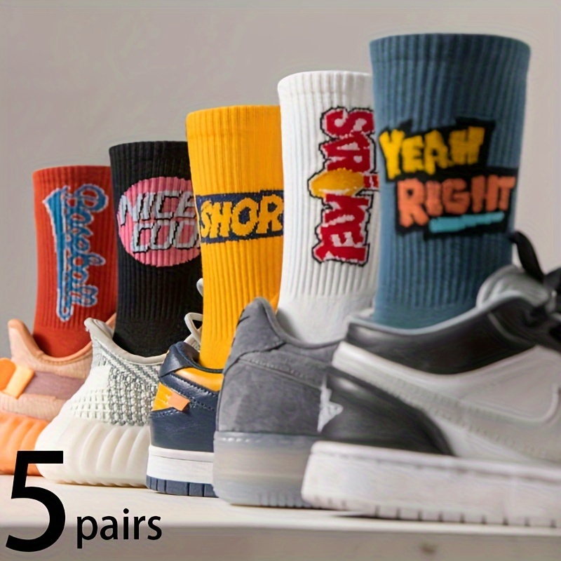 

5pcs Vibrant Mixed Color Mid-calf Socks - Trendy Letter Print, Breathable & Comfortable Polyester , Stylish Streetwear Accessory For Men