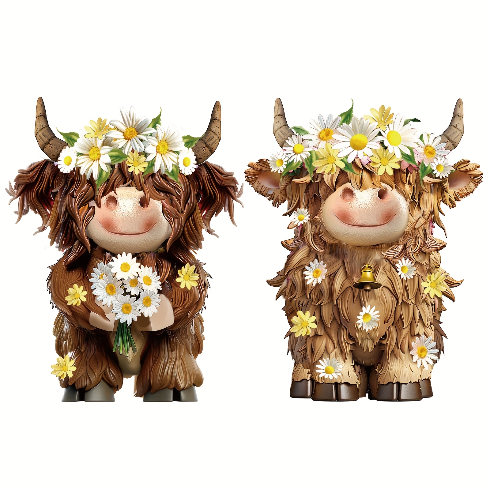 TEMU 2 Pack Scottish Highland Cow Gnome Figurines With Daisy Flowers - Resin Calf Herd Statues For / Garden, Shelf & Table Decor - Christmas,