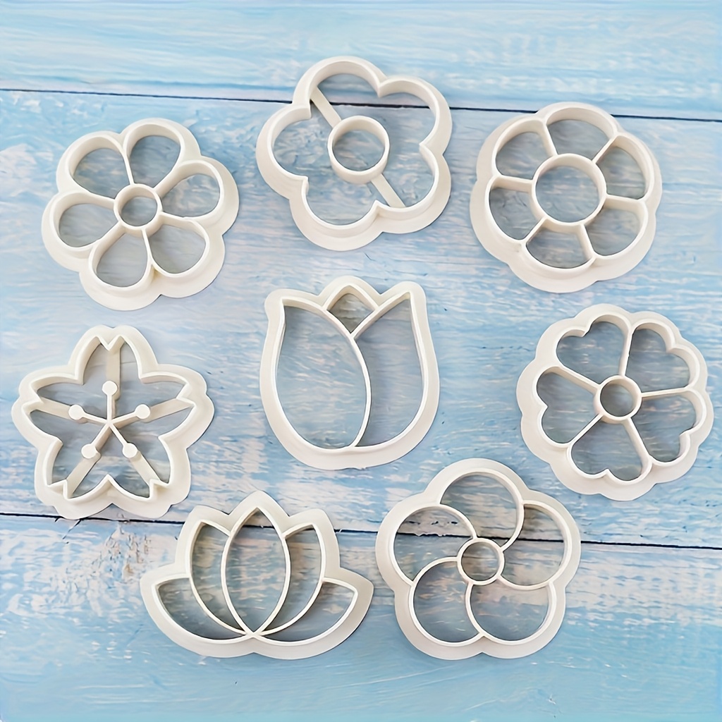 Image of Flower-shaped Cookie Cutter Set Of 8pcs, Plastic Cookie Molds For Baking, Cartoon Frosting Slicer, Clay And Dough Molds For Baking Tools