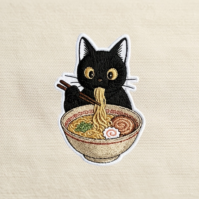 TEMU Cute Black Cat Ramen Embroidered Patch Iron On/sew On Versatile For Repairs Decoration Creation Perfect For Clothes Jackets Dresses Hats Jeans