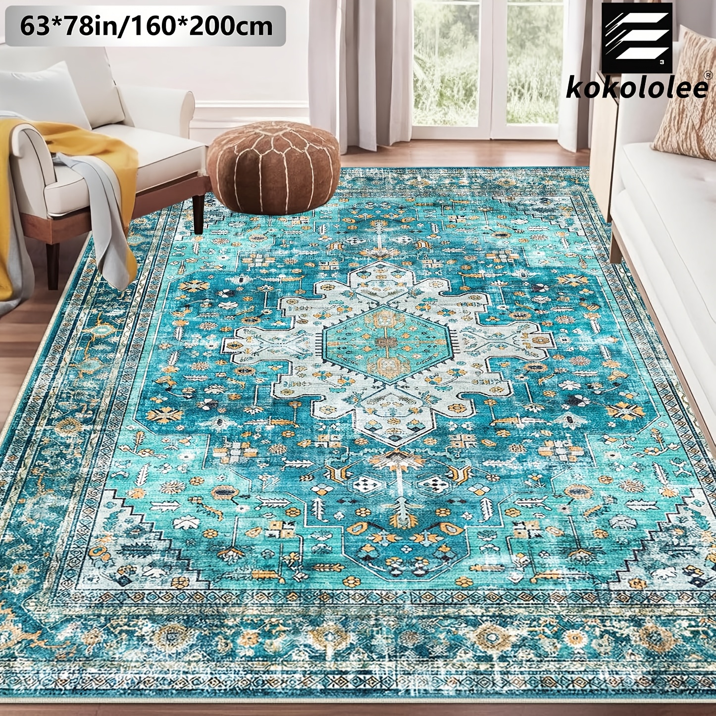 TEMU 1pc Kokololee Luxury Velvet Rug - Bohemian Pattern Rug With Non-slip Backing, Machine Washable - Perfect For High-traffic Areas Such As Living