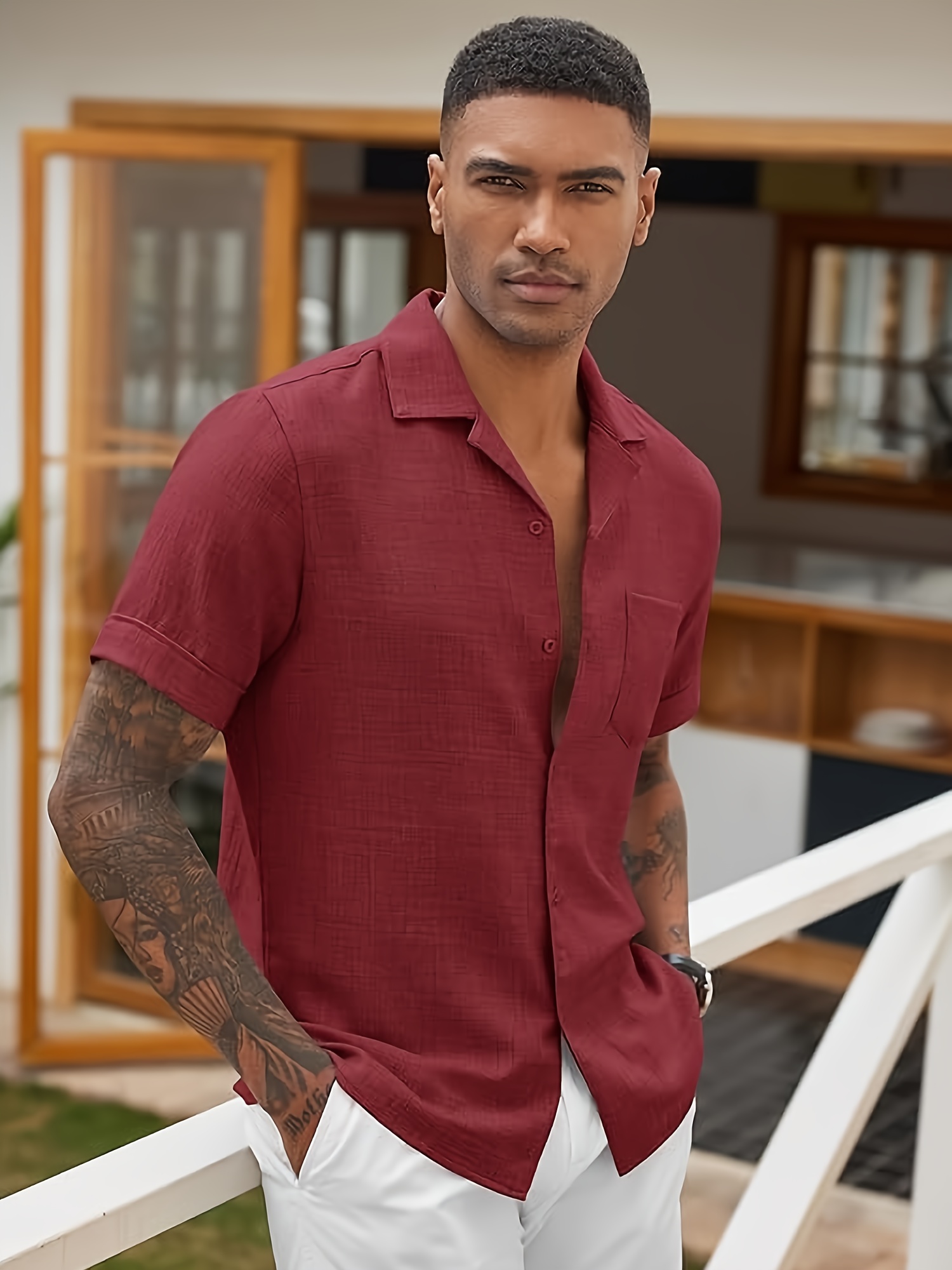 mens casual short sleeve button shirts cuban linen textured - Temu