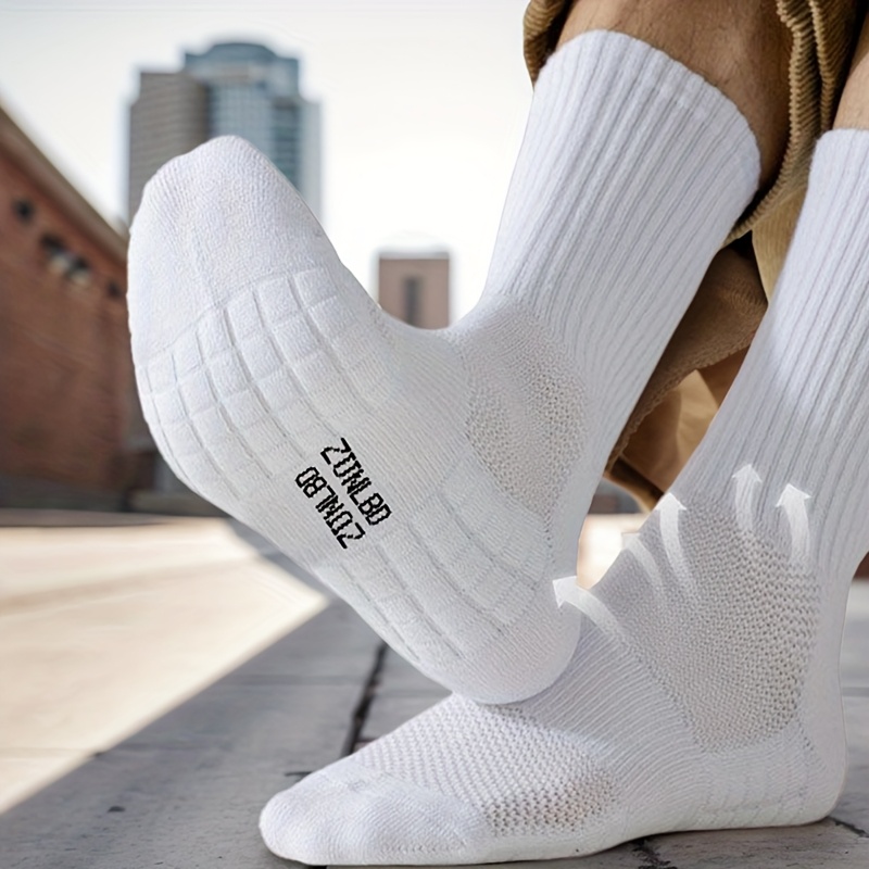 5 Pairs Men'S Mid-Calf Basketball Socks - Breathable Thick Towel Bottom, All-Season Moisture-Wicking Athletic Socks for Sports & Fitness, USA Sizes 6-9, White, Sports Socks, Sports Footwear, Sleek Sock Design, Durable Sock Material, Workout Essentials, Sporty Look, Moisturewicking Fabric, Active Lifestyle